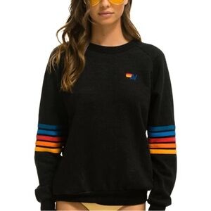 Aviator Nation Black Crewneck Sweater with Multicolor Stripes